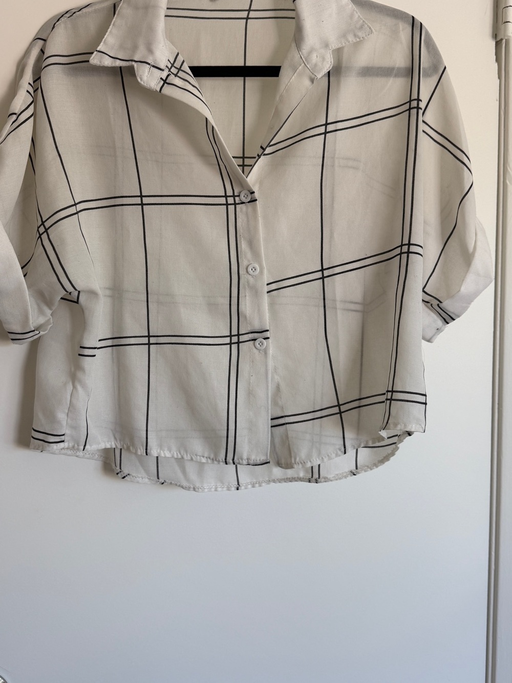 Cropped White Button-Front Shirt with Black Windowpane